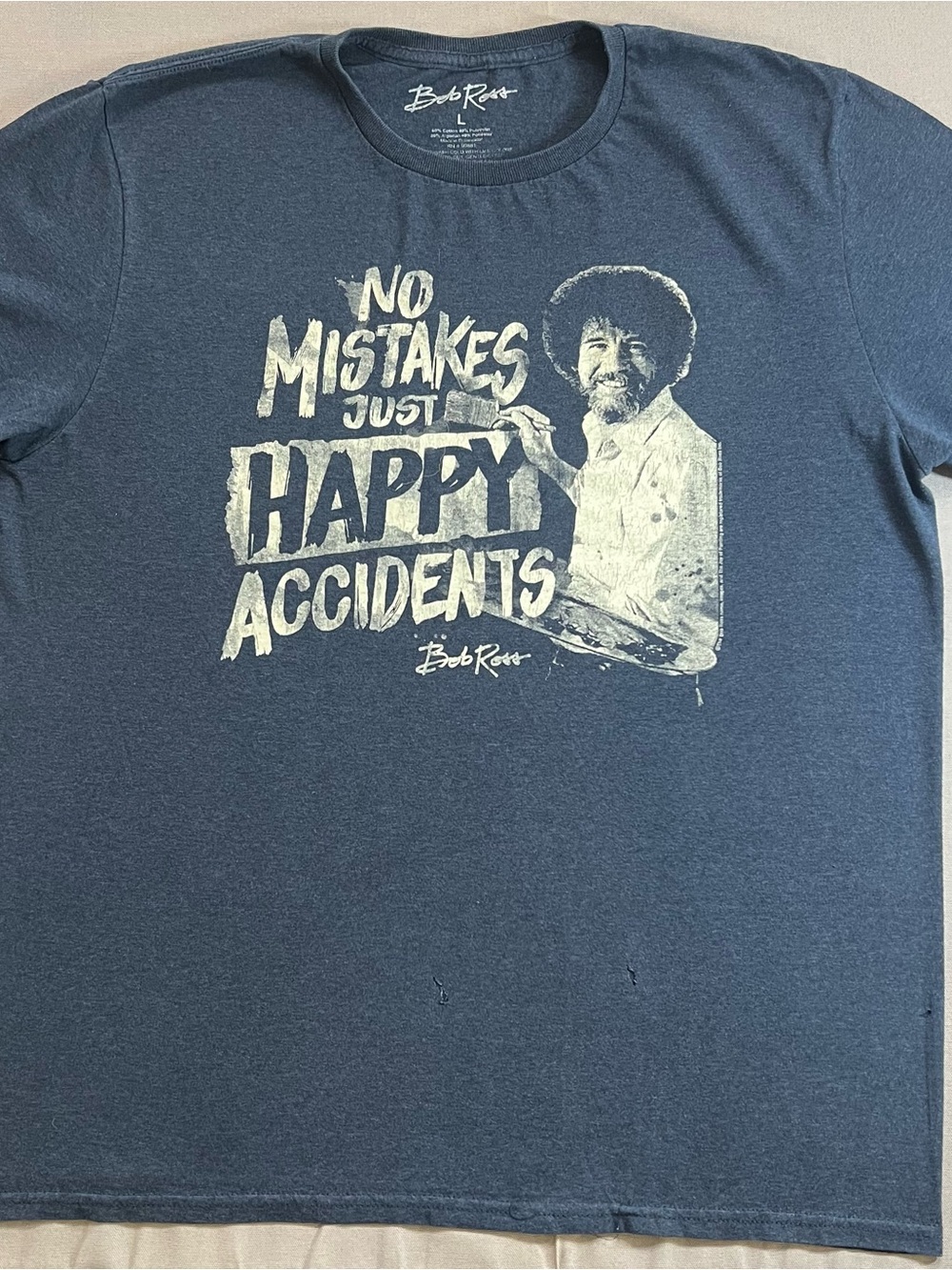 Bob Ross Men's Short-Sleeve Graphic Tee in Navy with 'Happy Accidents' Design